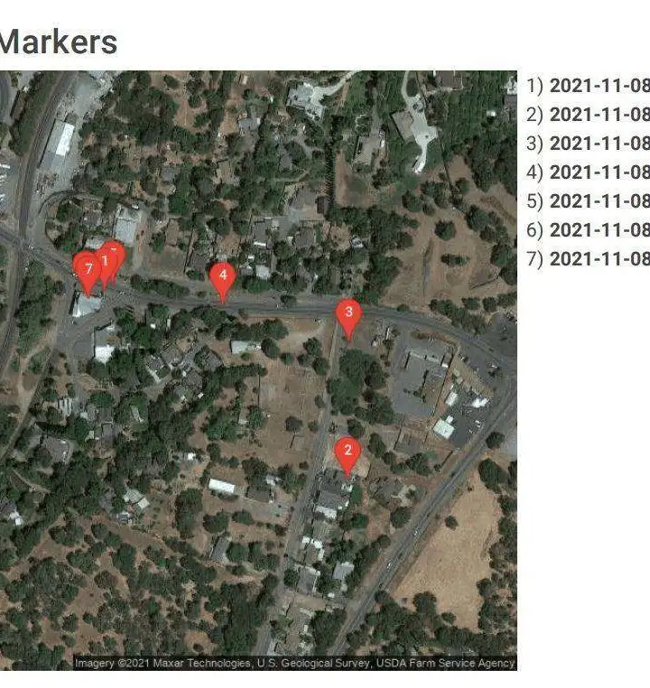 GPS Markers on map with a timestamp beside it.