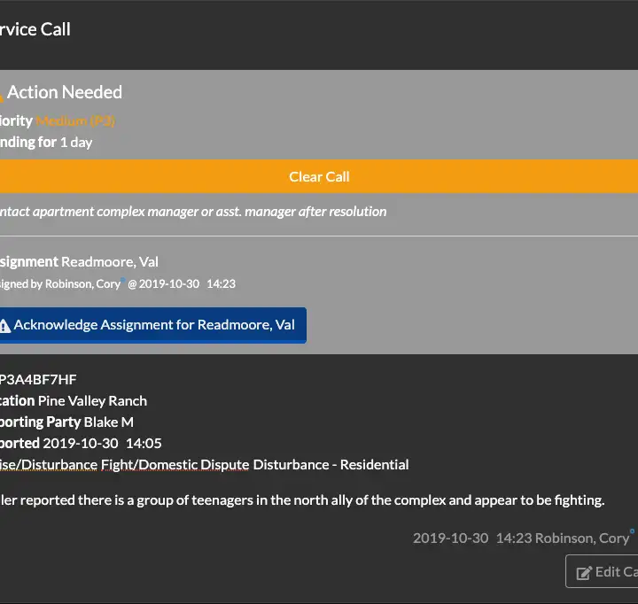 Dispatch call with Acknowledge Assignment button
