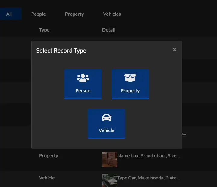 Select Record Type Modal: Person, Property or Vehicle.