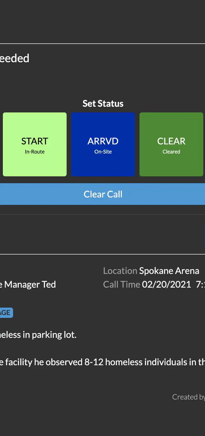 Service Call screen with status buttons.