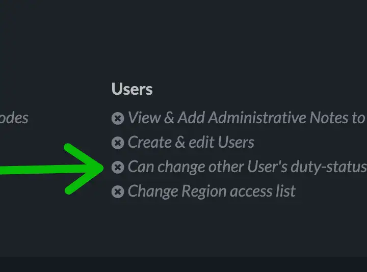 Highlighted permission: Change other users' duty status, not currently granted