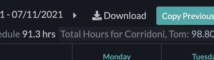 Closeup of Scheduling calendar showing Total Hours and per User total hours.