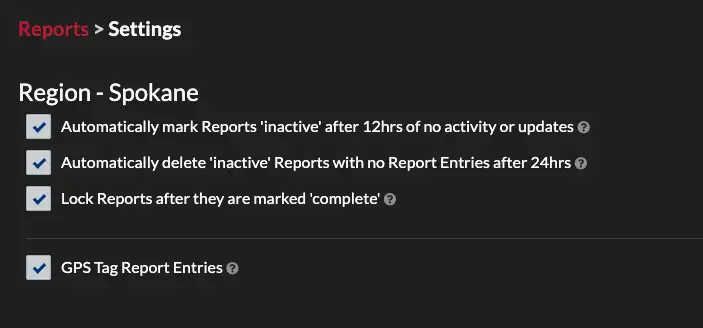 Region Options, GPS Tag Report Entries is checked