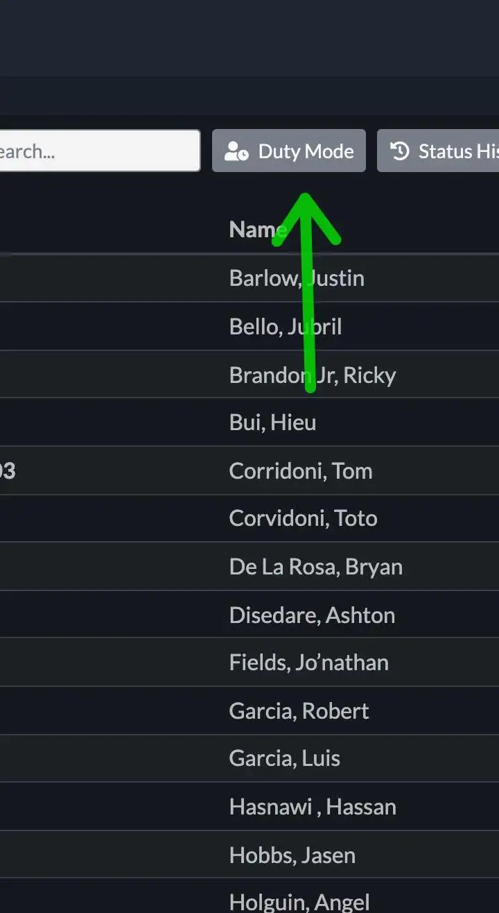 Roster screen, Duty Mode button higlhlighted.