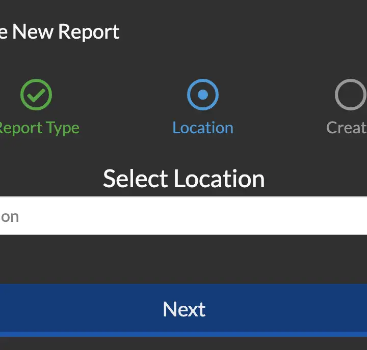 Create New Report Modal stepper, Select Locatoion step