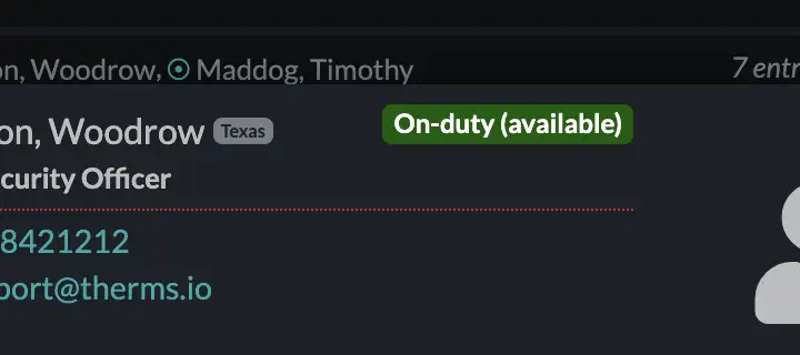 User Card showing user's current duty status.