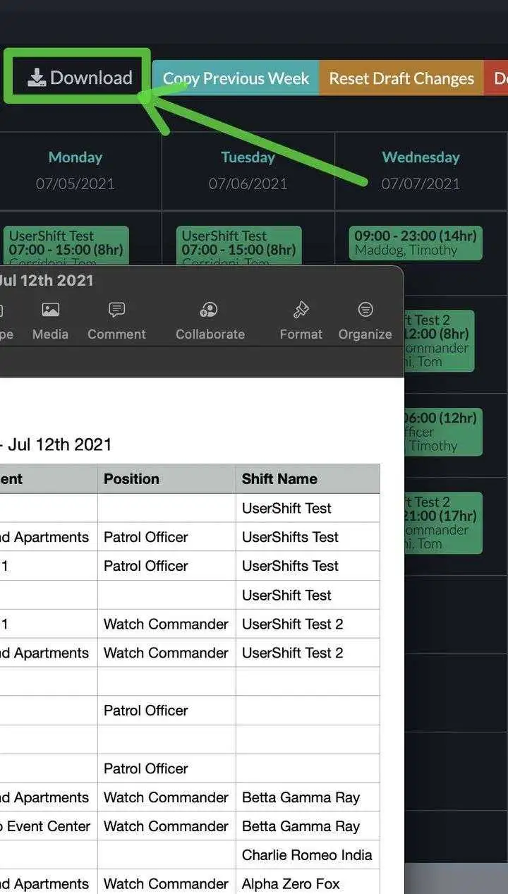 Scheduling Calendar with Downlad button hilighted and downloaded file preview.