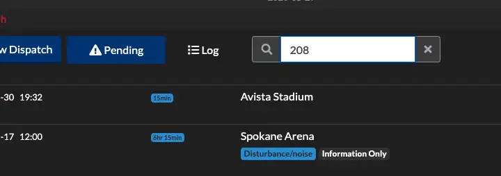 Dispatches screen seaching for the number "208"