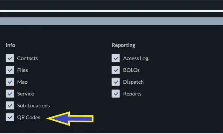 Location Sub-Modules configuration. QR Codes option highlighted