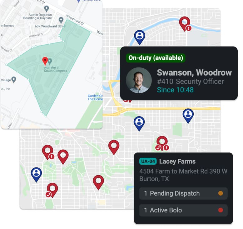 GPS overview detailing a locations perimeter, currently pending assignments and a user information card
