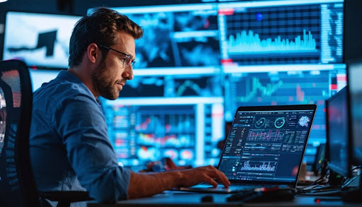 A man with glasses monitoring operations on it's laptop in a room fool of computers