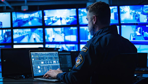 A dispatch operator reviewing data in a room full of monitors.